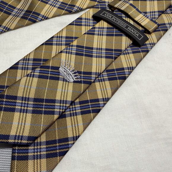 Countess Mara Silk Plaid Tie – Gold & Navy with Crown Crest - Picture 7 of 10